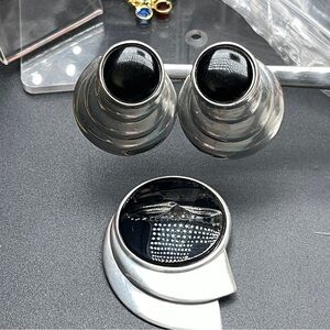 Large Ben-Amun Art Deco Pewter & Onyx Glass Brooch/Clip Earrings Rare